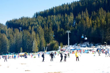 Bansko, Bulgaristan - 22 Şubat 2024: Bulgaristan 'ın kayak beldesi Bansko' daki dağlarda alp kayakları üzerinde kayak yapan insanlar.