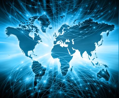 Dünya Haritası üzerinde teknolojik bir arka plan, parlak çizgiler semboller Internet, radyo, televizyon, telefon ve uydu iletişim.