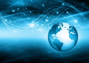 Global iş dünyasının en iyi internet kavramı. Küre, teknolojik arka planda parlayan çizgiler. Elektronik, Wi-Fi, ışınları, sembolleri İnternet, televizyon, mobil ve uydu iletişimi