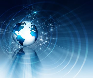 Global iş dünyasının en iyi internet kavramı. Küre, teknolojik arka planda parlayan çizgiler. Elektronik, Wi-Fi, ışınları, sembolleri İnternet, televizyon, mobil ve uydu iletişimi