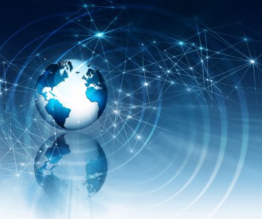 Global iş dünyasının en iyi internet kavramı. Küre, teknolojik arka planda parlayan çizgiler. Elektronik, Wi-Fi, ışınları, sembolleri İnternet, televizyon, mobil ve uydu iletişimi