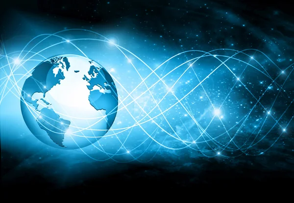Bestes Internet-Konzept des globalen Geschäfts. Globus, glühende Linien auf technologischem Hintergrund. Elektronik, Wi-Fi, Strahlen, Symbole Internet, Fernsehen, Mobilfunk und Satellitenkommunikation — Stockfoto