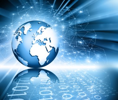 Global iş dünyasının en iyi internet kavramı. Küre, teknolojik arka planda parlayan çizgiler. Elektronik, Wi-Fi, ışınları, sembolleri İnternet, televizyon, mobil ve uydu iletişimi