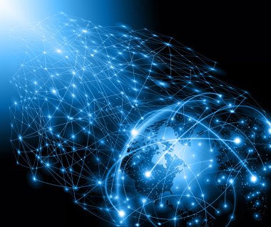 Global iş dünyasının en iyi internet kavramı. Küre, teknolojik arka planda parlayan çizgiler. Elektronik, Wi-Fi, ışınları, sembolleri İnternet, televizyon, mobil ve uydu iletişimi