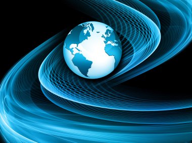 Global iş dünyasının en iyi internet kavramı. Küre, teknolojik arka planda parlayan çizgiler. Elektronik, Wi-Fi, ışınları, sembolleri İnternet, televizyon, mobil ve uydu iletişimi