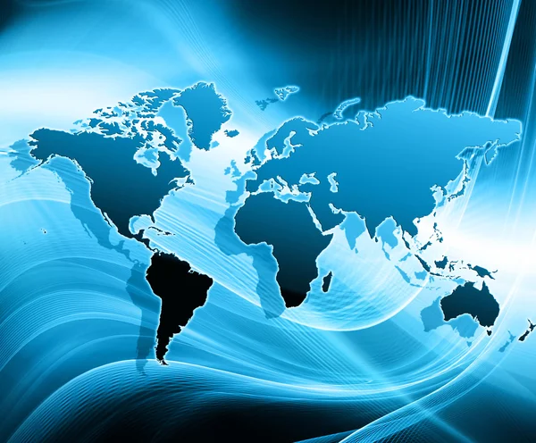 Mapa del mundo sobre un fondo tecnológico, líneas luminosas símbolos de Internet, radio, televisión, comunicaciones móviles y por satélite . —  Fotos de Stock