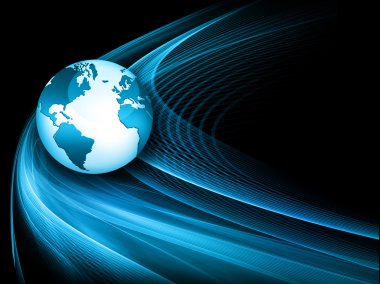 Global iş dünyasının en iyi internet kavramı. Küre, teknolojik arka planda parlayan çizgiler. Elektronik, Wi-Fi, ışınları, sembolleri İnternet, televizyon, mobil ve uydu iletişimi