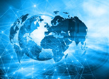 Global iş dünyasının en iyi internet kavramı. Küre, teknolojik arka planda parlayan çizgiler. Elektronik, Wi-Fi, ışınları, sembolleri İnternet, televizyon, mobil ve uydu iletişimi