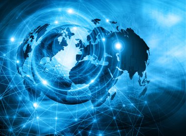 Global iş dünyasının en iyi internet kavramı. Küre, teknolojik arka planda parlayan çizgiler. Elektronik, Wi-Fi, ışınları, sembolleri İnternet, televizyon, mobil ve uydu iletişimi