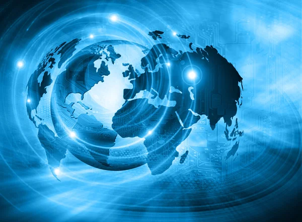 Лучший интернет-проект глобального бизнеса. Глобус, светящиеся линии на технологическом фоне. Электроника, Wi-Fi, лучи, символы Интернет, телевидение, мобильная и спутниковая связь — стоковое фото