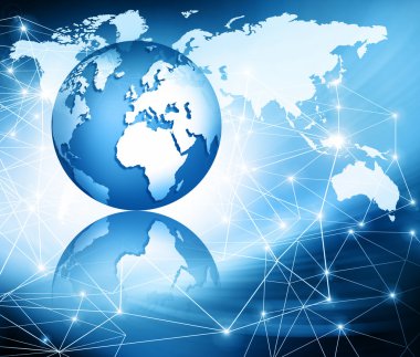 Global iş dünyasının en iyi internet kavramı. Küre, teknolojik arka planda parlayan çizgiler. Elektronik, Wi-Fi, ışınları, sembolleri İnternet, televizyon, mobil ve uydu iletişimi