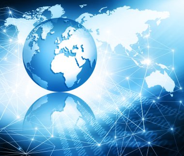 Global iş dünyasının en iyi internet kavramı. Küre, teknolojik arka planda parlayan çizgiler. Elektronik, Wi-Fi, ışınları, sembolleri İnternet, televizyon, mobil ve uydu iletişimi