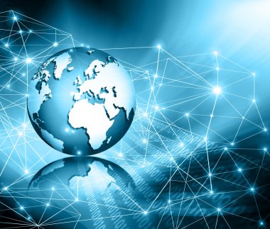 Global iş dünyasının en iyi internet kavramı. Küre, teknolojik arka planda parlayan çizgiler. Elektronik, Wi-Fi, ışınları, sembolleri İnternet, televizyon, mobil ve uydu iletişimi