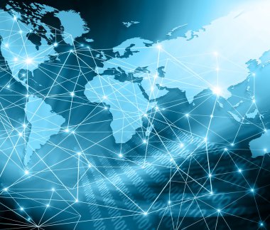Dünya Haritası üzerinde teknolojik bir arka plan, parlak çizgiler semboller Internet, radyo, televizyon, telefon ve uydu iletişim.