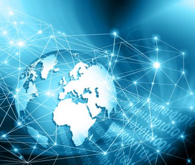 Global iş dünyasının en iyi internet kavramı. Küre, teknolojik arka planda parlayan çizgiler. Elektronik, Wi-Fi, ışınları, sembolleri İnternet, televizyon, mobil ve uydu iletişimi