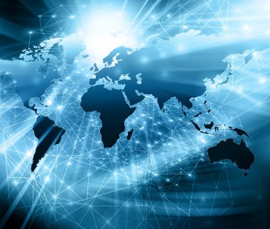 Dünya Haritası üzerinde teknolojik bir arka plan, parlak çizgiler semboller Internet, radyo, televizyon, telefon ve uydu iletişim.