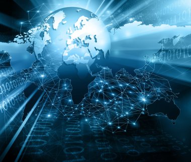 Global iş dünyasının en iyi internet kavramı. Küre, teknolojik arka planda parlayan çizgiler. Elektronik, Wi-Fi, ışınları, sembolleri İnternet, televizyon, mobil ve uydu iletişimi