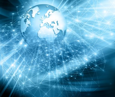 Global iş dünyasının en iyi internet kavramı. Küre, teknolojik arka planda parlayan çizgiler. Elektronik, Wi-Fi, ışınları, sembolleri İnternet, televizyon, mobil ve uydu iletişimi