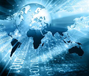 Dünya Haritası üzerinde teknolojik bir arka plan, parlak çizgiler semboller Internet, radyo, televizyon, telefon ve uydu iletişim.