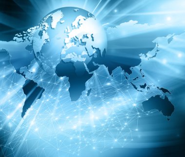 Dünya Haritası üzerinde teknolojik bir arka plan, parlak çizgiler semboller Internet, radyo, televizyon, telefon ve uydu iletişim.