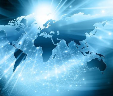 Dünya Haritası üzerinde teknolojik bir arka plan, parlak çizgiler semboller Internet, radyo, televizyon, telefon ve uydu iletişim.