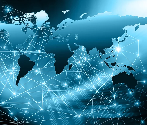 Mapa do mundo sobre um fundo tecnológico, linhas brilhantes símbolos da Internet, rádio, televisão, comunicações móveis e por satélite . — Fotografia de Stock