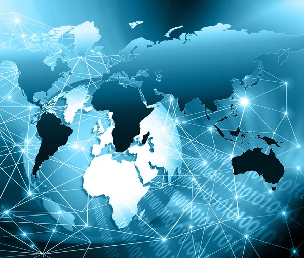 Mapa do mundo sobre um fundo tecnológico, linhas brilhantes símbolos da Internet, rádio, televisão, comunicações móveis e por satélite . — Fotografia de Stock