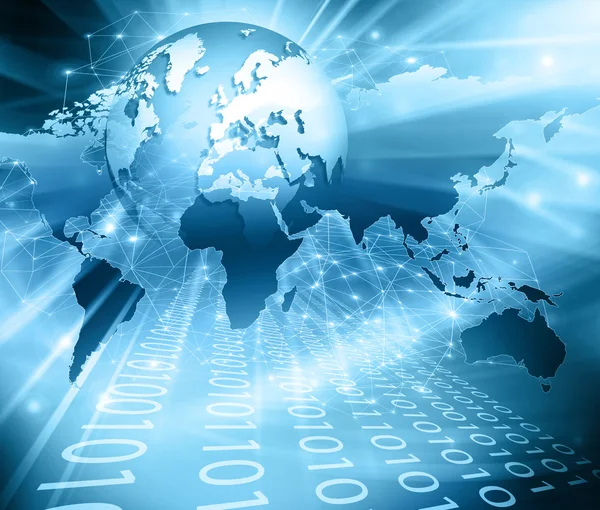 Mapa del mundo sobre un fondo tecnológico, líneas luminosas símbolos de Internet, radio, televisión, comunicaciones móviles y por satélite . — Foto de Stock