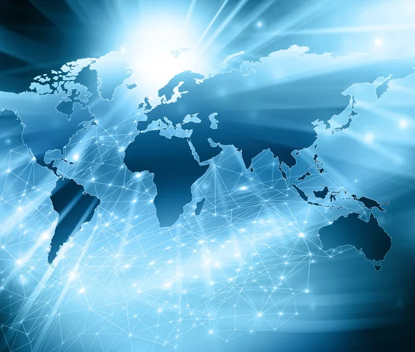 Mapa del mundo sobre un fondo tecnológico, líneas luminosas símbolos de Internet, radio, televisión, comunicaciones móviles y por satélite . — Foto de Stock