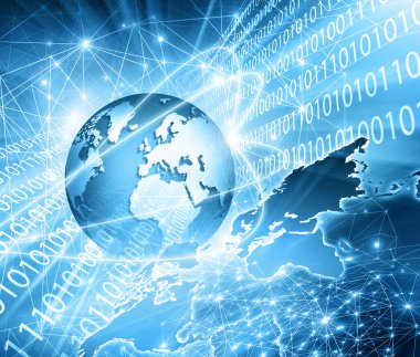 Global iş dünyasının en iyi internet kavramı. Küre, teknolojik arka planda parlayan çizgiler. Elektronik, Wi-Fi, ışınları, sembolleri İnternet, televizyon, mobil ve uydu iletişimi