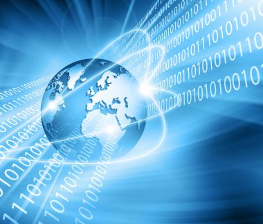Global iş dünyasının en iyi internet kavramı. Küre, teknolojik arka planda parlayan çizgiler. Elektronik, Wi-Fi, ışınları, sembolleri İnternet, televizyon, mobil ve uydu iletişimi