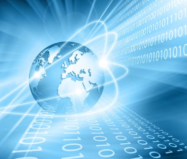 Global iş dünyasının en iyi internet kavramı. Küre, teknolojik arka planda parlayan çizgiler. Elektronik, Wi-Fi, ışınları, sembolleri İnternet, televizyon, mobil ve uydu iletişimi