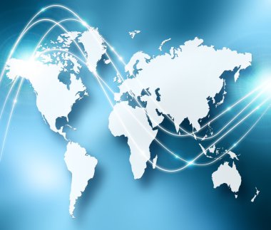 Dünya Haritası üzerinde teknolojik bir arka plan, parlak çizgiler semboller Internet, radyo, televizyon, telefon ve uydu iletişim.