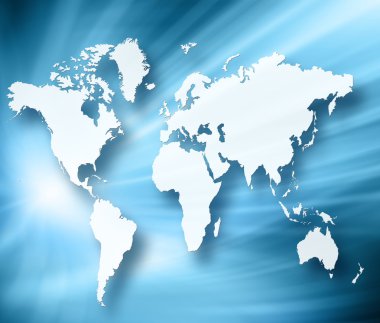 Dünya Haritası üzerinde teknolojik bir arka plan, parlak çizgiler semboller Internet, radyo, televizyon, telefon ve uydu iletişim.