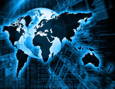 Dünya Haritası üzerinde teknolojik bir arka plan, parlak çizgiler semboller Internet, radyo, televizyon, telefon ve uydu iletişim.