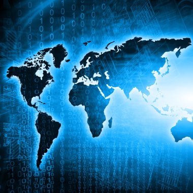 Dünya Haritası üzerinde teknolojik bir arka plan, parlak çizgiler semboller Internet, radyo, televizyon, telefon ve uydu iletişim.