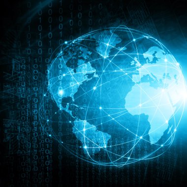 Global iş dünyasının en iyi internet kavramı. Küre, teknolojik arka planda parlayan çizgiler. Elektronik, Wi-Fi, ışınları, sembolleri İnternet, televizyon, mobil ve uydu iletişimi