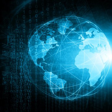 Global iş dünyasının en iyi internet kavramı. Küre, teknolojik arka planda parlayan çizgiler. Elektronik, Wi-Fi, ışınları, sembolleri İnternet, televizyon, mobil ve uydu iletişimi