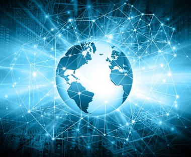 Global iş dünyasının en iyi internet kavramı. Küre, teknolojik arka planda parlayan çizgiler. Elektronik, Wi-Fi, ışınları, sembolleri İnternet, televizyon, mobil ve uydu iletişimi