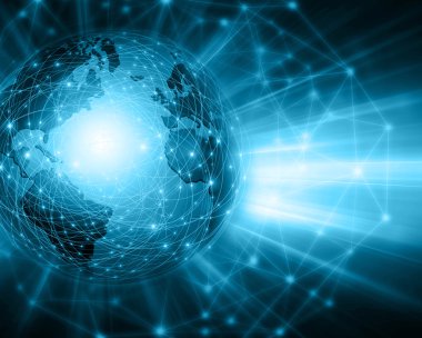 Global iş dünyasının en iyi internet kavramı. Küre, teknolojik arka planda parlayan çizgiler. Elektronik, Wi-Fi, ışınları, sembolleri İnternet, televizyon, mobil ve uydu iletişimi