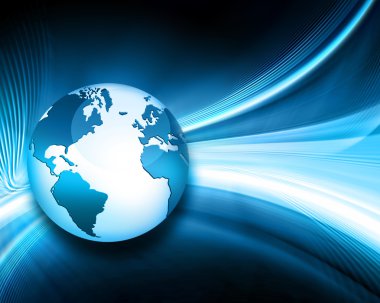 Dünya Haritası üzerinde teknolojik bir arka plan, parlak çizgiler semboller Internet, radyo, televizyon, telefon ve uydu iletişim.