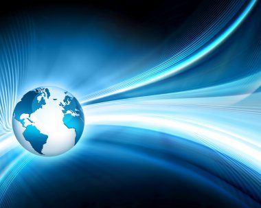 Dünya Haritası üzerinde teknolojik bir arka plan, parlak çizgiler semboller Internet, radyo, televizyon, telefon ve uydu iletişim.