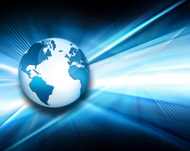 Global iş dünyasının en iyi internet kavramı. Küre, teknolojik arka planda parlayan çizgiler. Elektronik, Wi-Fi, ışınları, sembolleri İnternet, televizyon, mobil ve uydu iletişimi