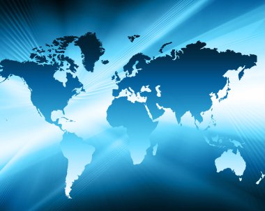 Dünya Haritası üzerinde teknolojik bir arka plan, parlak çizgiler semboller Internet, radyo, televizyon, telefon ve uydu iletişim.