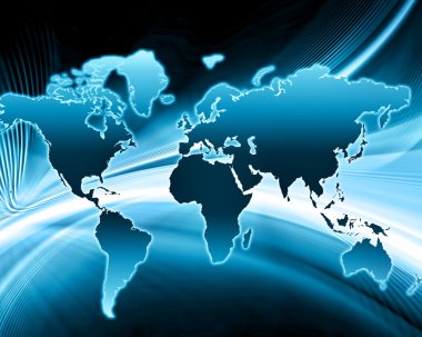 Dünya Haritası üzerinde teknolojik bir arka plan, parlak çizgiler semboller Internet, radyo, televizyon, telefon ve uydu iletişim.