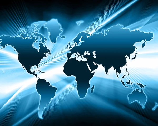 Mapa del mundo sobre un fondo tecnológico, líneas luminosas símbolos de Internet, radio, televisión, comunicaciones móviles y por satélite . —  Fotos de Stock