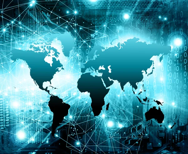 Mapa del mundo sobre un fondo tecnológico, líneas luminosas símbolos de Internet, radio, televisión, comunicaciones móviles y por satélite . — Foto de Stock