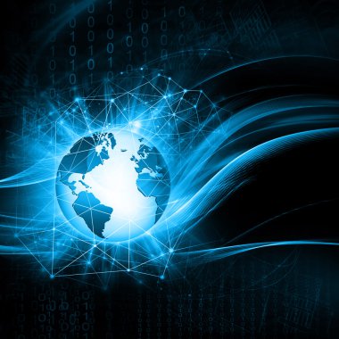 Global iş dünyasının en iyi internet kavramı. Küre, teknolojik arka planda parlayan çizgiler. Elektronik, Wi-Fi, ışınları, sembolleri İnternet, televizyon, mobil ve uydu iletişimi