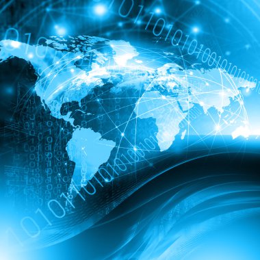 Dünya Haritası üzerinde teknolojik bir arka plan, parlak çizgiler semboller Internet, radyo, televizyon, telefon ve uydu iletişim.