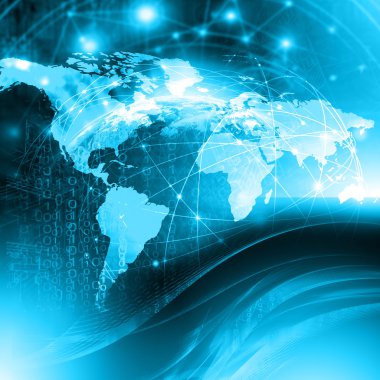 Dünya Haritası üzerinde teknolojik bir arka plan, parlak çizgiler semboller Internet, radyo, televizyon, telefon ve uydu iletişim.